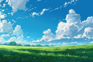 Wall Mural - Beautiful, lush green meadow with a bright blue sky and fluffy white clouds. Peaceful and serene nature scene.