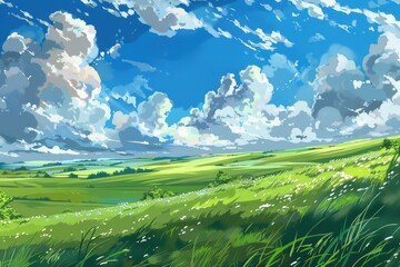 Wall Mural - Beautiful digital painting of a green grassy meadow with fluffy clouds in a blue sky. Concept of summer, nature, peace, serenity, and relaxation.
