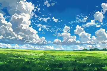 Wall Mural - Beautiful digital illustration of a green field with a blue sky and white clouds. Artistic landscape painting with grassy meadow and cloudy weather.