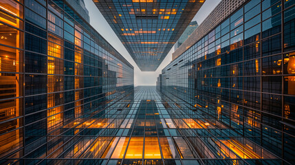 Wall Mural - Futuristic low-angle view of modern skyscrapers with glass facades and warm evening lights in an urban financial district