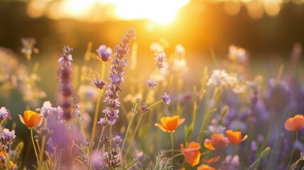 Aufkleber - A close-up shot of lavender and poppies bathed in the warm glow of the morning sun. Generative AI