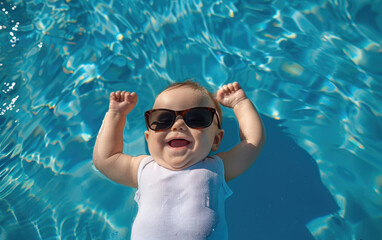 Wall Mural - A cute baby with blue sunglasses is lying by the poolside, laughing and holding his head up