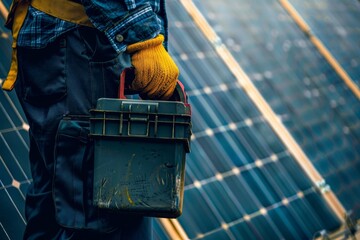 Poster - A technician holds a toolbox while examining a solar panel, A technician holding a toolbox and examining a cracked solar panel