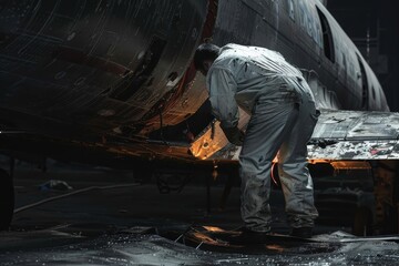 Poster - A man in coveralls works on repairing a damaged wing of an aircraft inside a hangar, A technician in coveralls inspecting a damaged wing of an airplane