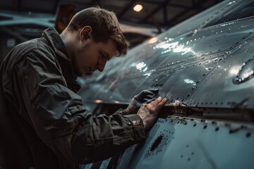 Poster - A technician in coveralls is inspecting and repairing a damaged wing on an airplane inside a hangar, A technician in coveralls inspecting a damaged wing of an airplane