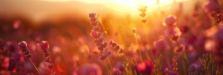 Aufkleber - A field of lavender bathed in the golden light of dawn. Generative AI