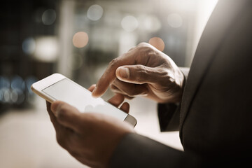 Aufkleber - Hands, businessman and smartphone screen for communication, networking and connection. Person, internet and online on news website for updates, post and social media with mobile app and texting