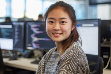 Poster - a tech-savvy asian woman sits in front of two computer monitors, examining emerging technologies and