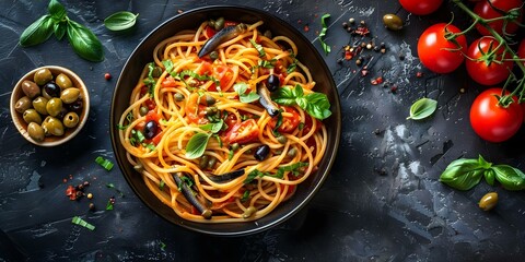 Canvas Print - Spaghetti alla Puttanesca Recipe with Anchovies, Capers, Olives, and Tomatoes. Concept Italian Cuisine, Tomato Recipes, Pasta Dishes, Mediterranean Flavors, Anchovy Dishes