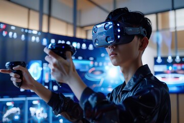 Wall Mural - Man using VR headset in a high-tech exhibition, exploring virtual reality displays, modern and immersive experience.