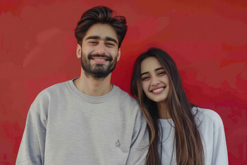 Canvas Print - happy couple standing together on red background