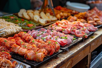 Wall Mural - Various dishes including tangy Korean barbecue are showcased on trays, A tempting display of tangy Korean barbecue with marinated meats and kimchi