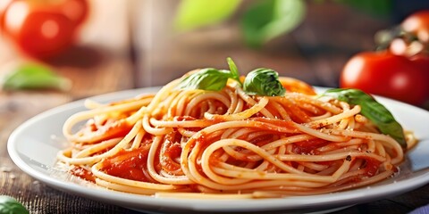 Wall Mural - Spaghetti with Tomato Basil Sauce A Classic Italian Dish. Concept Italian Cuisine, Pasta Recipes, Tomato Basil Sauce, Homemade Meal