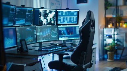 High-tech home office with a futuristic desk, ergonomic gaming chair, and multiple monitors.