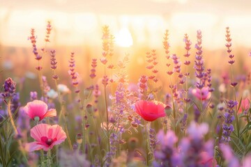 Aufkleber - A field of lavender and poppies bathed in the warm glow of the rising sun. Generative AI