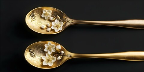 Wall Mural - Elegant Floral Golden Spoons Set Against a Black Background with Silver Spoon Featuring Blossom Design. Concept Elegant Tableware, Floral Decor, Golden Spoons, Black Background, Silver Spoon