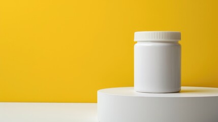 Poster - Medical pill container on white surface against yellow background with space for text