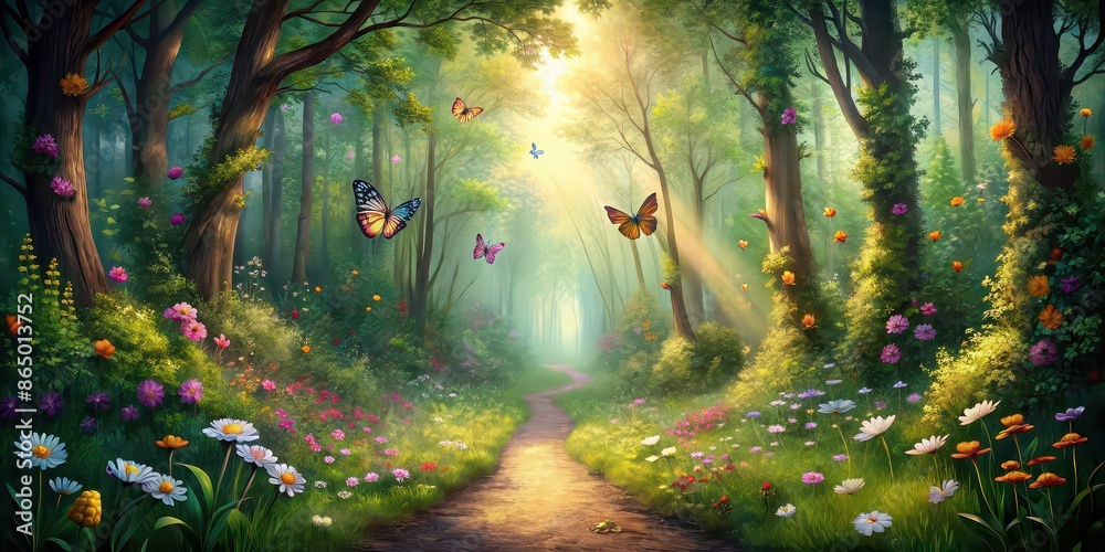 Fantasy scene of path through forest with flowers and butterflies ...