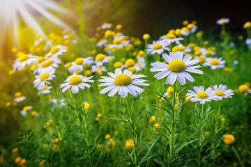 Wall Mural - Chamomile Flowers in Sunlit Field