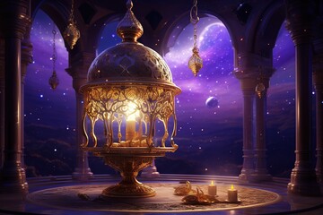 Wall Mural - Ornamental Arabic lantern with burning candle glowing at night. Festive greeting card, invitation for Muslim holy month Ramadan Kareem.