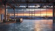 © Sana - A modern industrial living room with a concrete floor, a metal beam ceiling, and a large window with a view of an urban industrial district at sunset