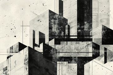 Abstract black and white artwork featuring geometric shapes and angular forms with a minimalist style