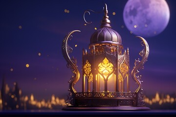 Wall Mural - Ornamental Arabic lantern with burning candle glowing at night. Festive greeting card, invitation for Muslim holy month Ramadan Kareem.