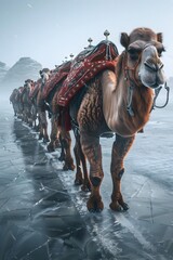 Wall Mural - Majestic Camel Caravan Traversing Frozen Lake,Ornate Trappings Juxtaposed Against Stark Minimalist Landscape