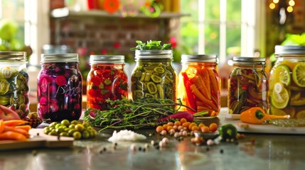 Poster - Jars of homemade preserves and pickled vegetables adorn the table adding pops of color.