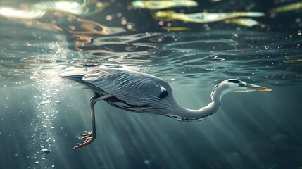 Wall Mural - Majestic Heron Gliding Effortlessly Underwater in Serene Crystalline Depths