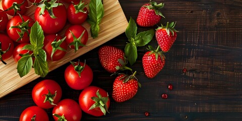 Wall Mural - Fresh strawberries and tomatoes on wooden board A top view for meal prep. Concept Healthy Eating, Fresh Produce, Meal Preparation, Top View Photography, Wooden Cutting Board