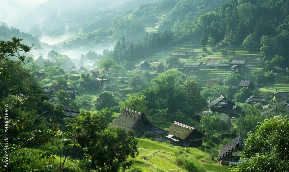 serene photograph of the Japanese countryside with green rice fields ...