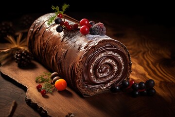 Chocolate roll cake with blueberries and a broken black chocolate bar.