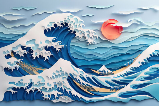 Sea waves in paper cut style. Generated by artificial intelligence