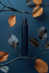 Sticker - Sleek Cosmetic Bottle Poised Amidst Rustic Foliage on Muted Blue Backdrop for Minimalist Advertising Campaign