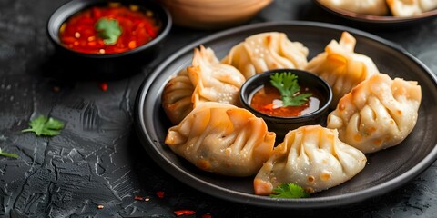 Wall Mural - Traditional Nepali momos served with tomato chutney on a plate. Concept Nepali Cuisine, Momos, Tomato Chutney, Plate Presentation