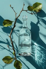 Wall Mural - Streamlined Product Bottle Framed by Robust Tree Branch and Leaves Against Subdued Blue Gradient Background