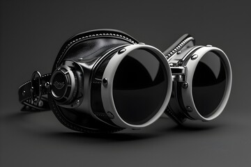 Sticker - Vintage-Inspired Sleek and Industrial VR Glasses with Intricate Mechanical Details in Striking Black and White Style