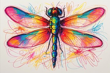 Wall Mural - Dragonfly scribbles in chaotic wax crayon colorful drawing style