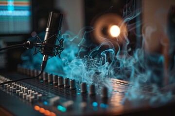 Poster - A sound board emitting smoke in a timelapse animation, A time-lapse animation of a podcast episode being recorded, with waves of audio forming and dissipating in the air