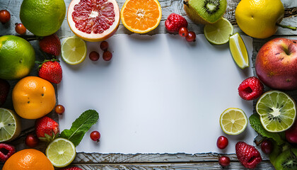 Different fresh fruits around white paper on white wooden table