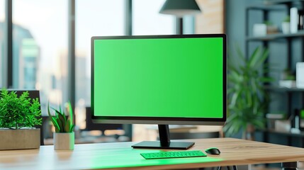 Aufkleber - Modern workspace with a desktop computer, green screen monitor, and stylish decor elements, designed for productivity. Office setting with a contemporary aesthetic and natural light. AI