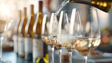 Poster - an elegant advertisement for a new wine brand, featuring close-ups of the bottles, wine being poured