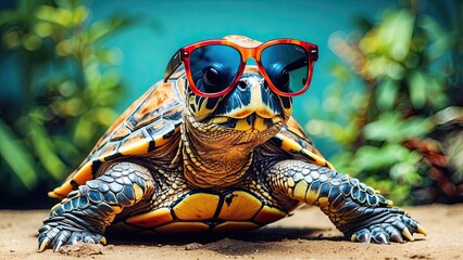 colorful turtle with sunglasses on background.