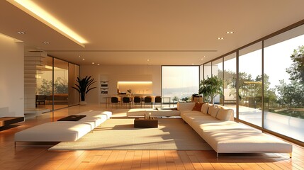 Wall Mural - Sunlit minimalist living area with sleek furniture and large open spaces,
