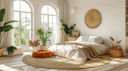 Wall Mural - Bright minimalist bedroom with large windows and simple, modern decor,