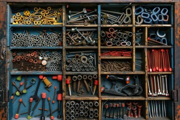 Poster - A wooden toolbox filled with an assortment of neatly arranged tools, ready for use, A toolbox organizer filled with neatly arranged screws, nails, and bolts