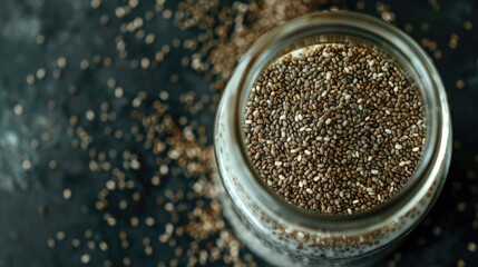 A macro shot of chia seeds soaked in almond milk in a glass jar, highlighting the texture and nutritional richness of the superfood