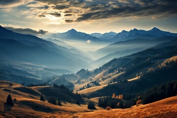 Wall Mural - a beautiful landscape with mountains, sunlight , dramatic sky with clouds, beautiful nature for background