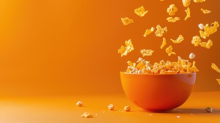 Poster - Vibrant cereal packaging for breakfast corn flakes cascading into a blank bowl with movement and space for text